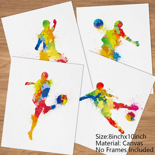 ANHUIB Watercolor Soccer Player Art Picture Poster,Football Wall Art,Sport Player Poster, Set of 4 (8" X 10") Football Pictures Kids Bedroom Accessories,Football Art Walls for Boy Room Decor Unframed