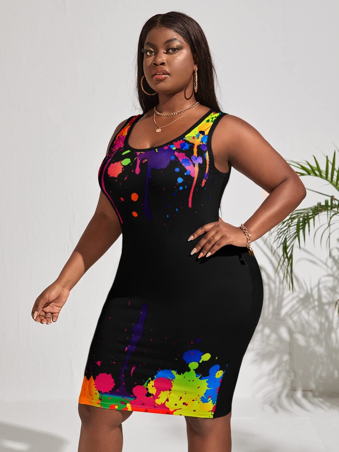 OYOANGLE Women's Plus Size Splash Ink Print Sleeveless Scoop Neck Pencil Tank Dresses Black 0XL