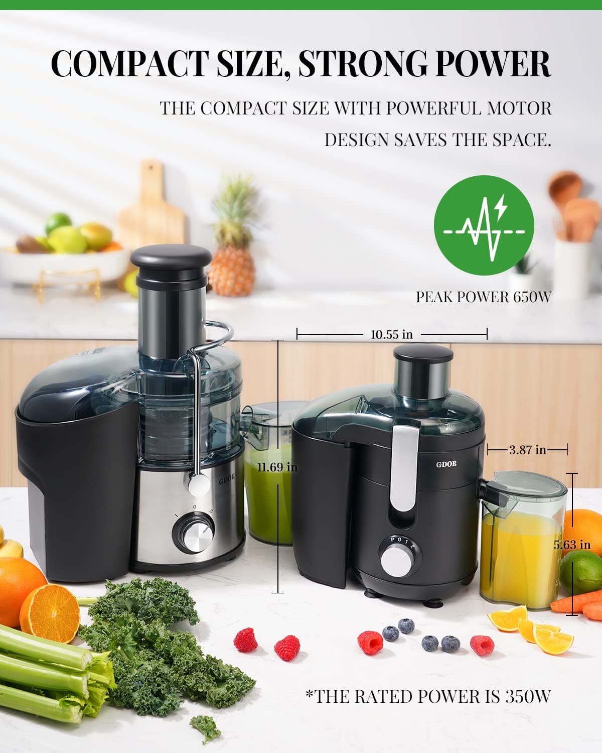 Juicer with Titanium Enhanced Cut Disc, GDOR Dual Speeds Centrifugal Extractor Machines with 2.5" Feed Chute, for Fruits and Veggies, Anti-Drip, Includes Cleaning Brush, BPA-Free, Black