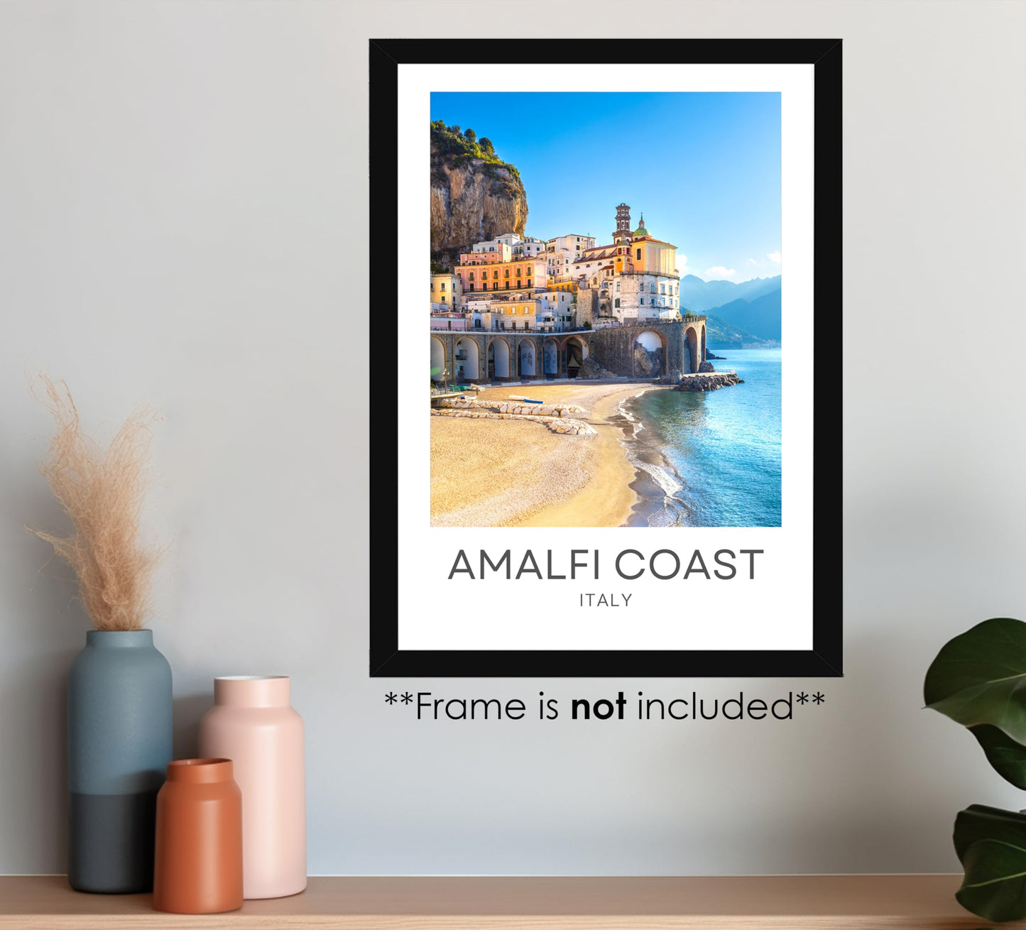 Amalfi Coast Italy Unframed A3 Travel Print, Photographic City Destination Art Poster, Home Décor Wall Art, Atrani Colourful Fishing Village Cliffside Houses, Orange Yellow Blue, 42cm x 29.7cm (A3)