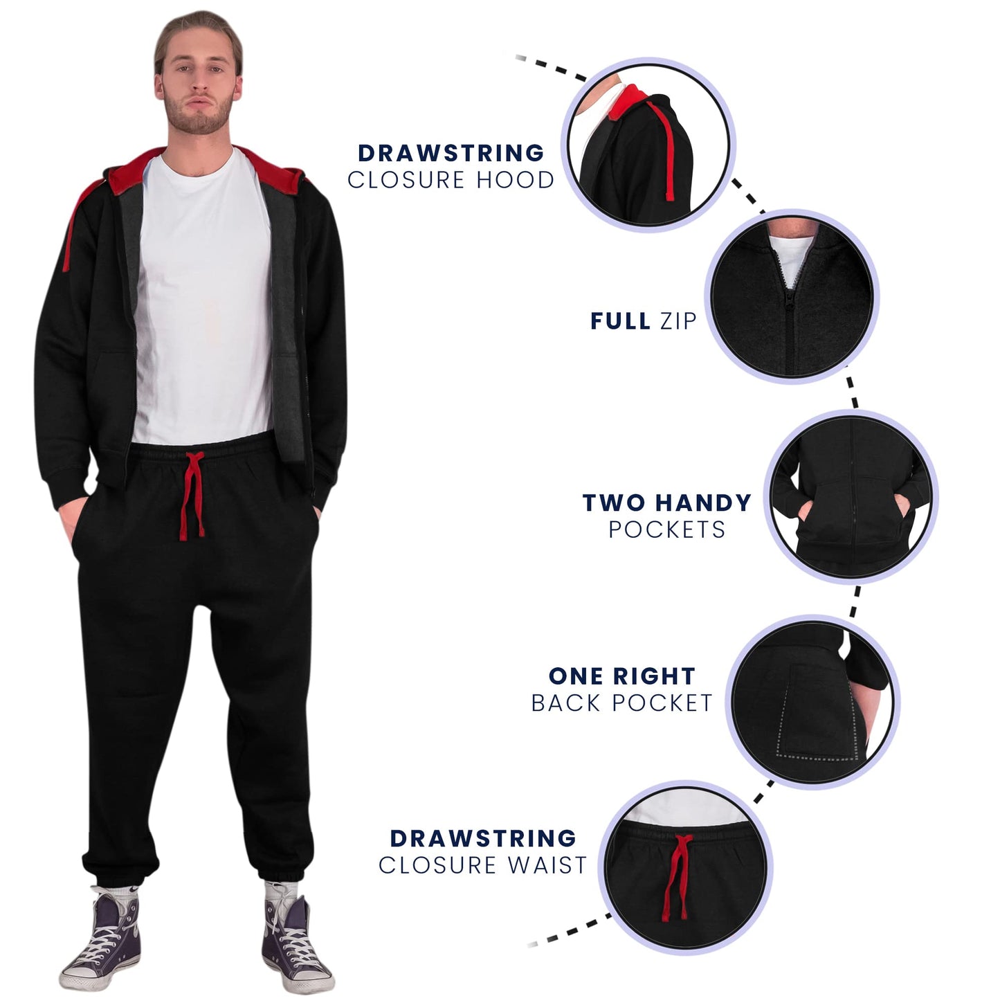 Love My Fashions® Men’s Tracksuit Full Sleeve Contrast Fleece Top & Bottom Cord Set Zipper Hood Jogging Suit Set Plus Sizes