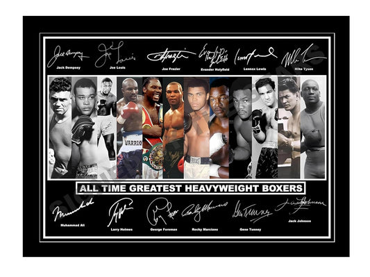 A4 Framed Poster All Time Greatest Heavyweight boxers Signed/Autographed Print. Boxing Muhammad Ali, Mike Tyson etc (A4 Framed 32cm x 23cm)