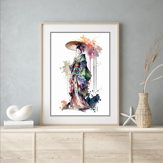 Beauitiful vivid fine art print of a Japanese Geisha Girl painting (picture 1) Print size 29.7cm x 21cm