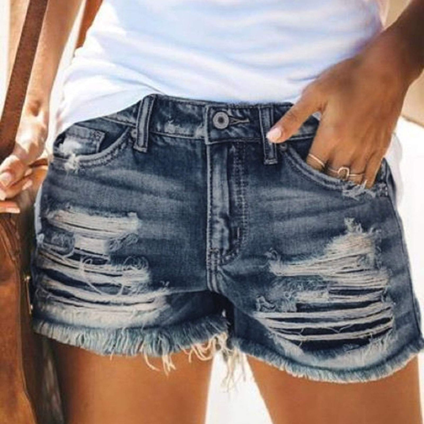 AMhomely Denim Shorts for Women Summer Pants Sexy Jeans High Waist Slim Hole Shorts pantsStretchy Distressed Jeans Boyfriend Hotpants Half Pants Summer Ripped Short Pants