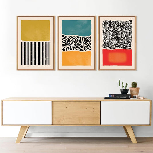 HPNIUB Boho Framed Canvas Wall Art Set, Mid Century Modern Wall Decor, Abstract Bohemian Color Block Painting, Neutral Art Print for Living Room, Bedroom, Dinning Room, Office, Bathroom 12"X16"