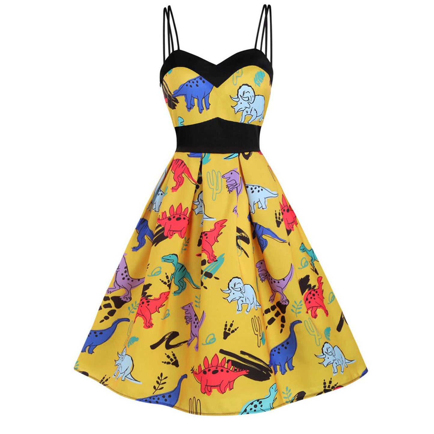 AMhomely Women Dress Sale Clearance Casual Sleeveless Vintage Dinosaur Cami High Waist Swing Dress UK Ladies Dress Party Elegant Beach Dress Club Cocktail Work Dresses Evening Gowns Yellow, XXL