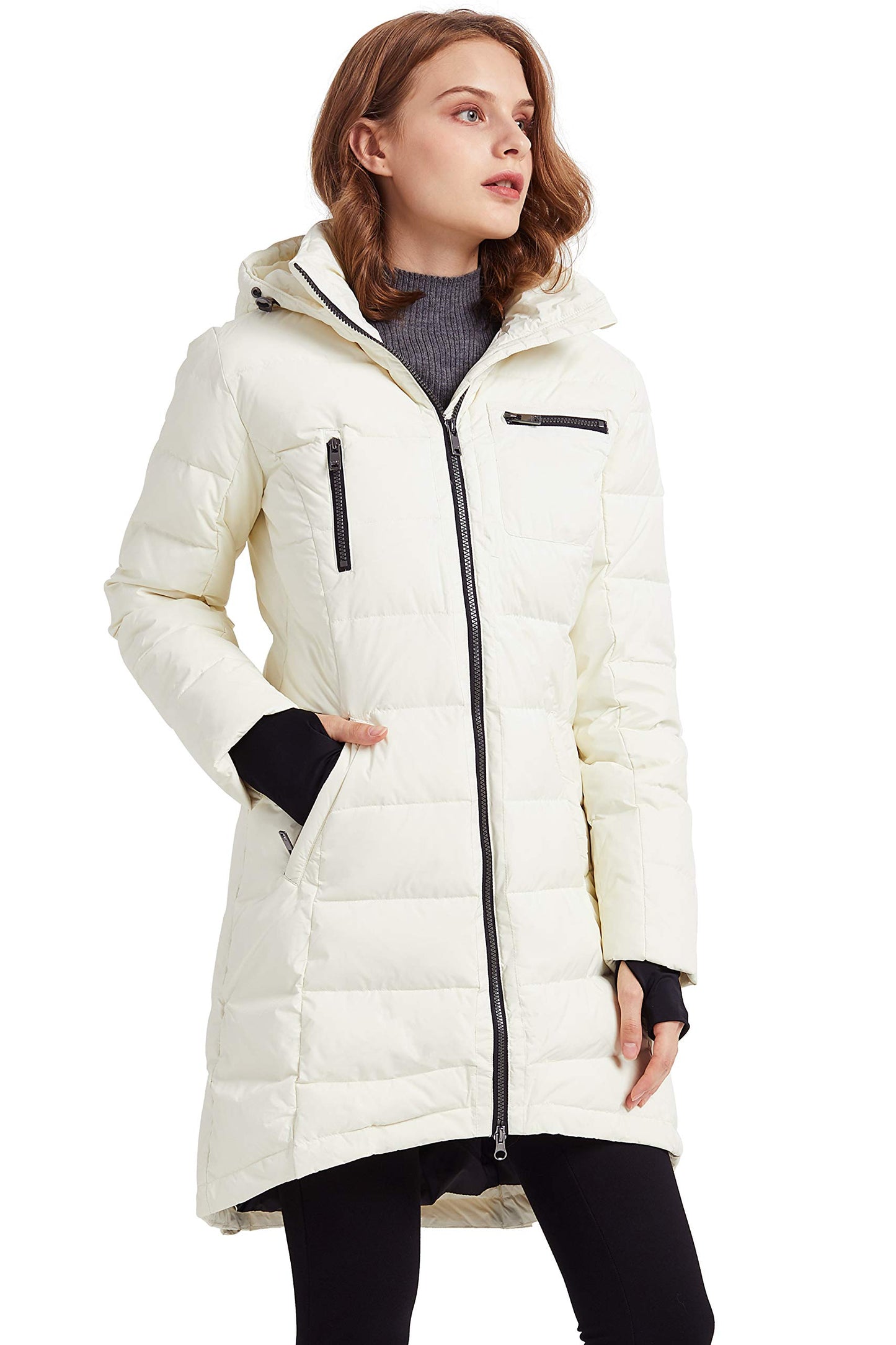 Orolay Women's Hooded Down Jacket Mid-Length Outwear Coat Cannoli Cream M