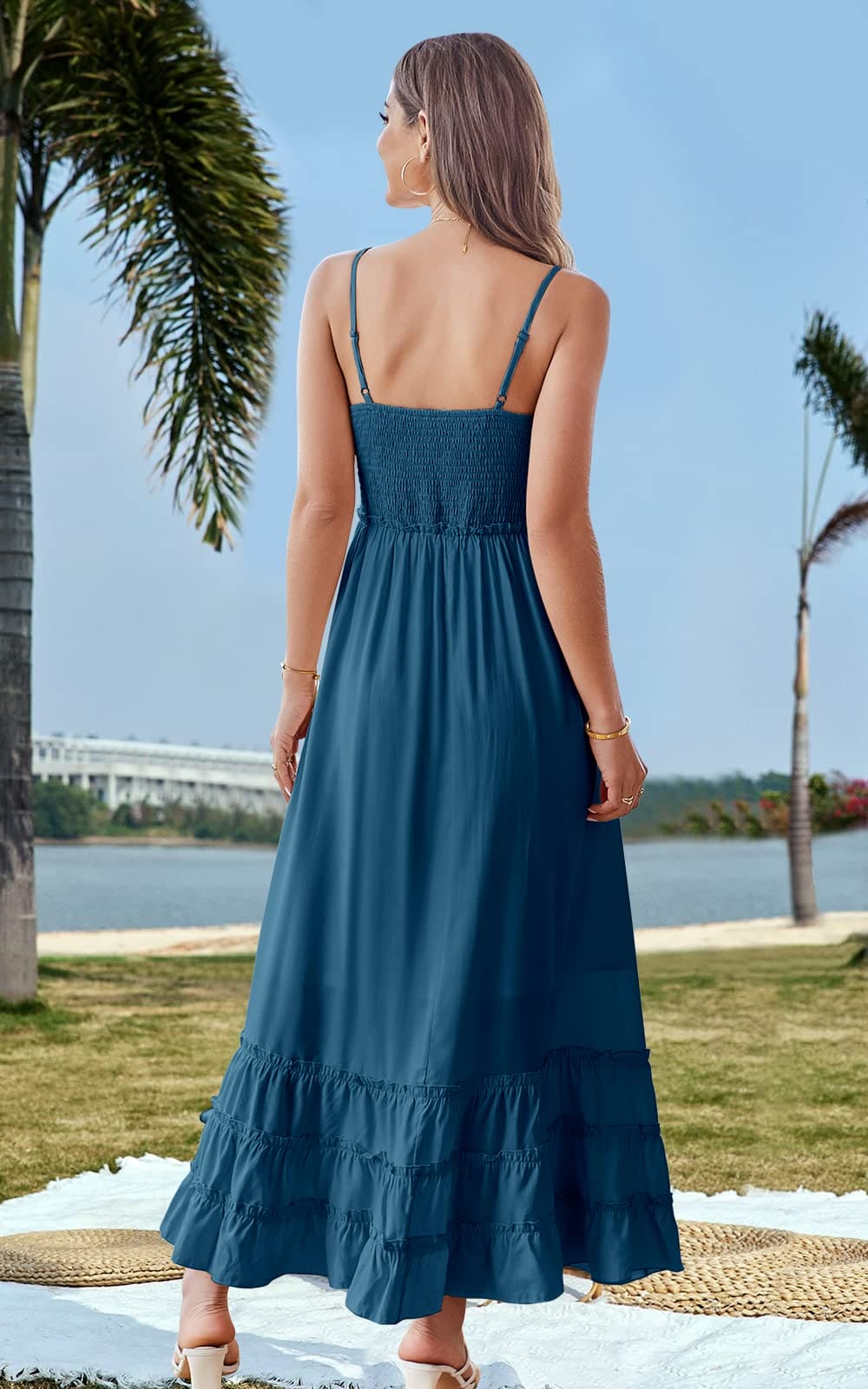 II ININ Maxi Dress Beach Dresses for Women UK Long Summer Dress Spaghetti Strap Square Backless/Flowy Casual Dress Blue