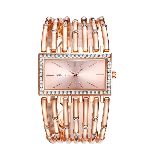 Trendy Rhinestone Ladies Steel Bracelet Watch Fashion Europe And The United States Style Quartz Square Female Watch Stretch Watch (Rose Gold, One Size)