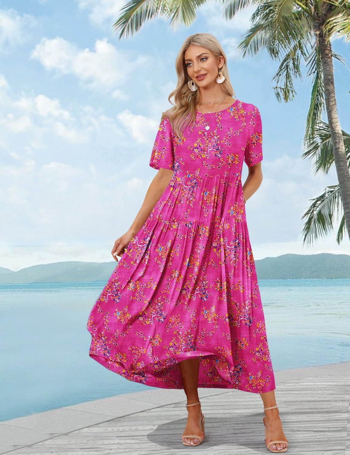 YESNO Women Dresses Casual Plus Size Bohemian Short Sleeve Floral Long Maxi Summer Beach Swing Dress/Pockets XL EJFUK CR.26