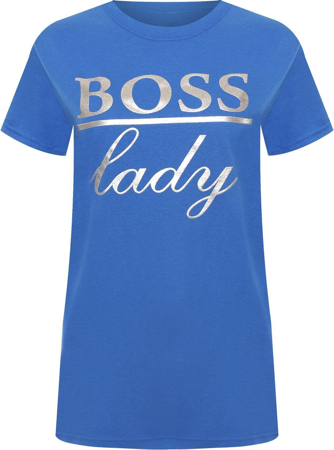 WearAll Women's Plus Boss Lady Slogan Foil Print Short Sleeve T-Shirt New Ladies Top - Blue - 18