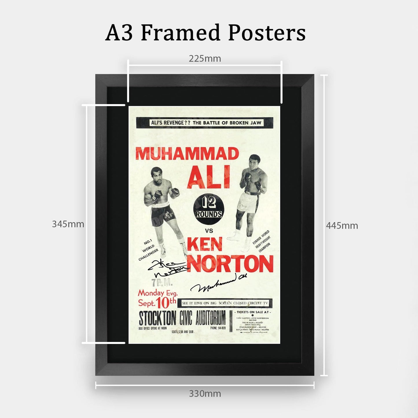 HWC Trading FR A3 Ken Norton v Muhammad Ali 1973 Bout Gifts Printed Signed Autograph Poster for Boxer Memorabilia Fans - A3 Framed