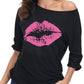 ELFIN 80s T Shirt Fancy Dress Costume for Women Off Shoulder Tops Sexy Lips Printed Casual Jumper Shirts