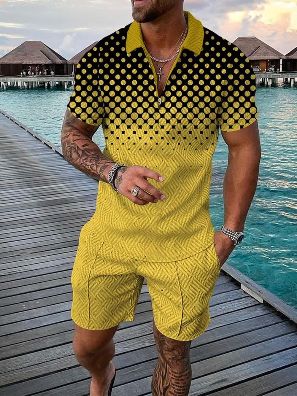 Size 2XL Yellow Black Dot Mixed Mens Short Sets 2 Piece Outfits Polo Shirt Fashion Summer Tracksuits Casual Set Short Sleeve and Shorts Set for Men