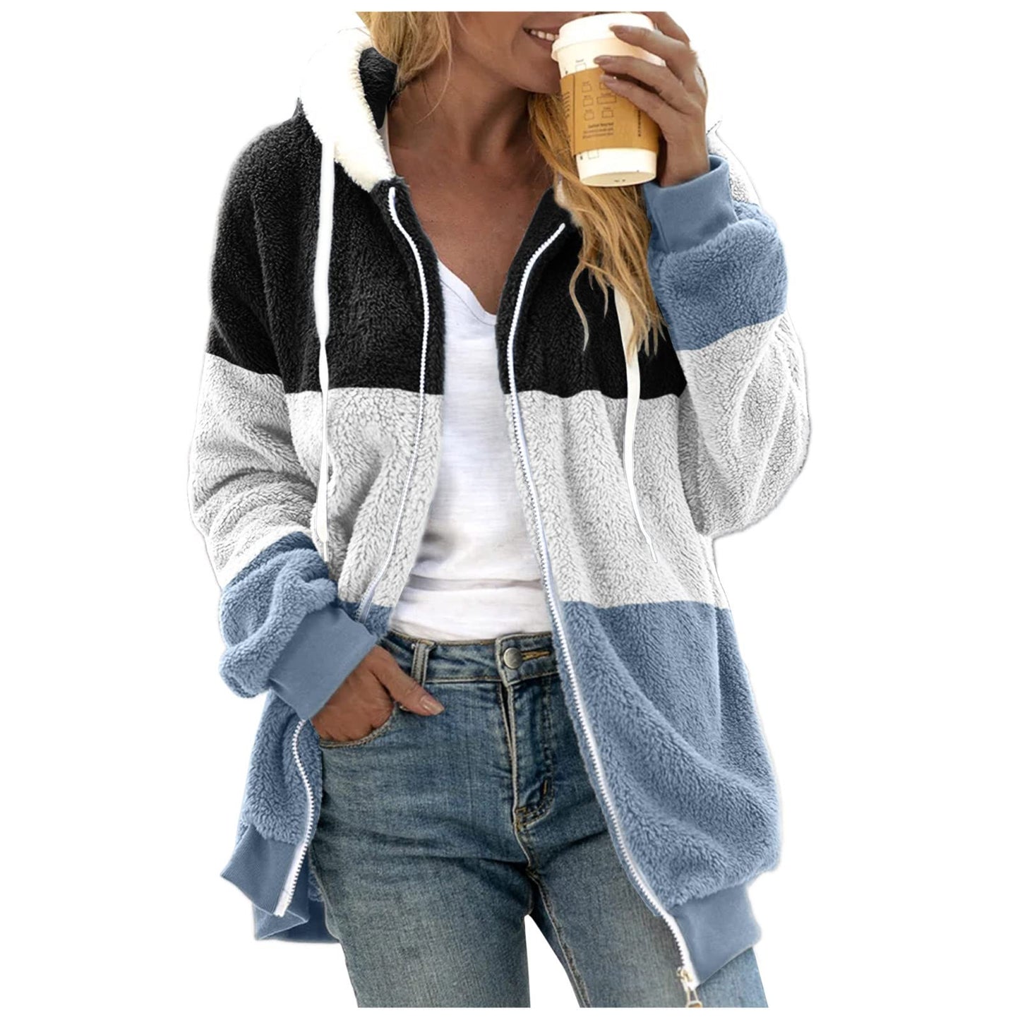 Zzbeans Women's Hoodies Fleece Ladies Oversized Long Sleeve Long Pullover Casual Shacket Autumn Winter Outerwear Zip Up Color Block Jackets Lightweight Chunky Jumpers Hooded Open Front Hoodie Blue