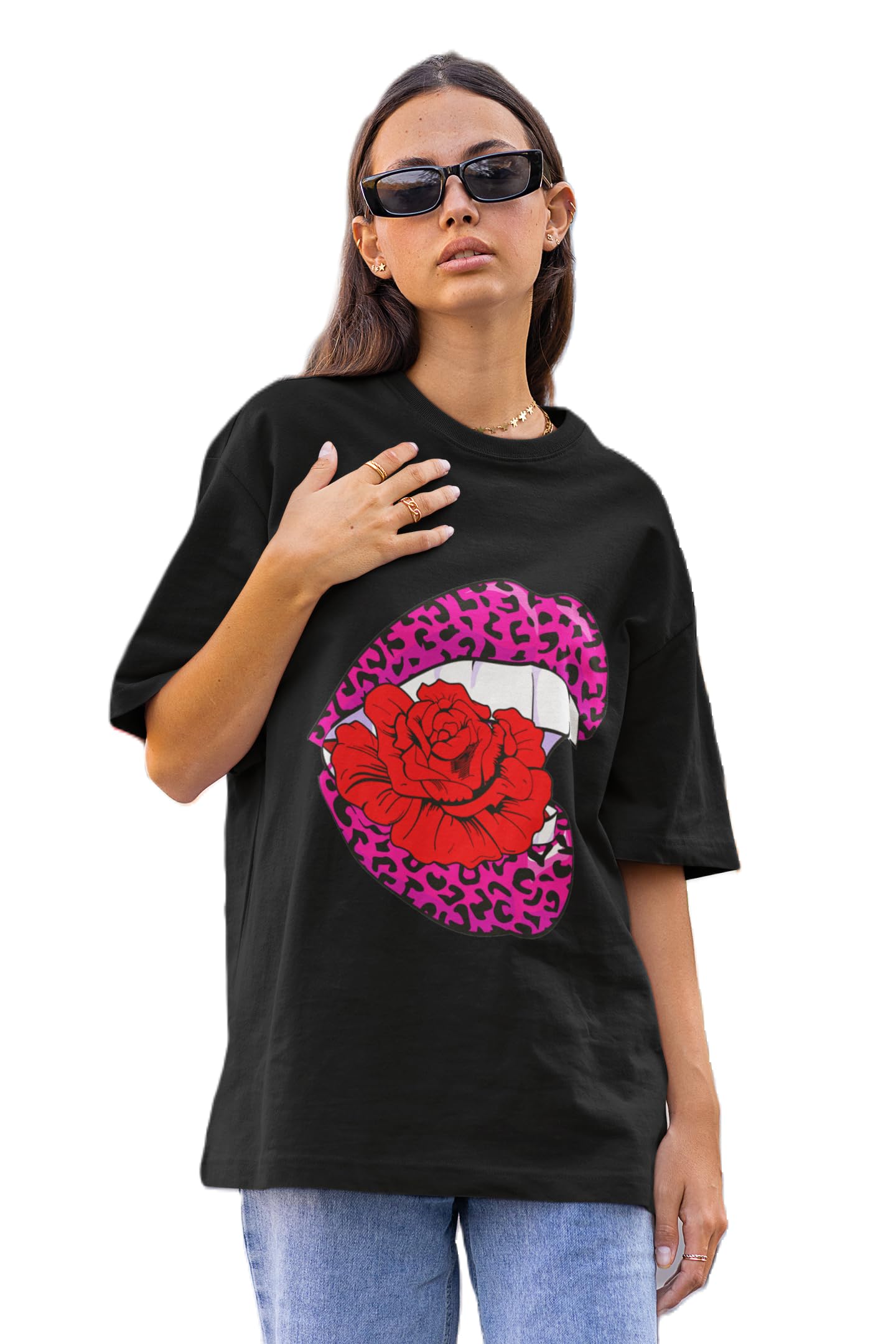 Women's Oversized Baggy Fit Printed Short Sleeve T-Shirts (UK, Alpha, S, Regular, Regular, Black : Lips Printed T-Shirt)