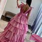 PAVERJER Burgundy Layered Prom Dress Long 2024 V Neck Tiered Tulle Formal Evening Gowns with Slit Size 4