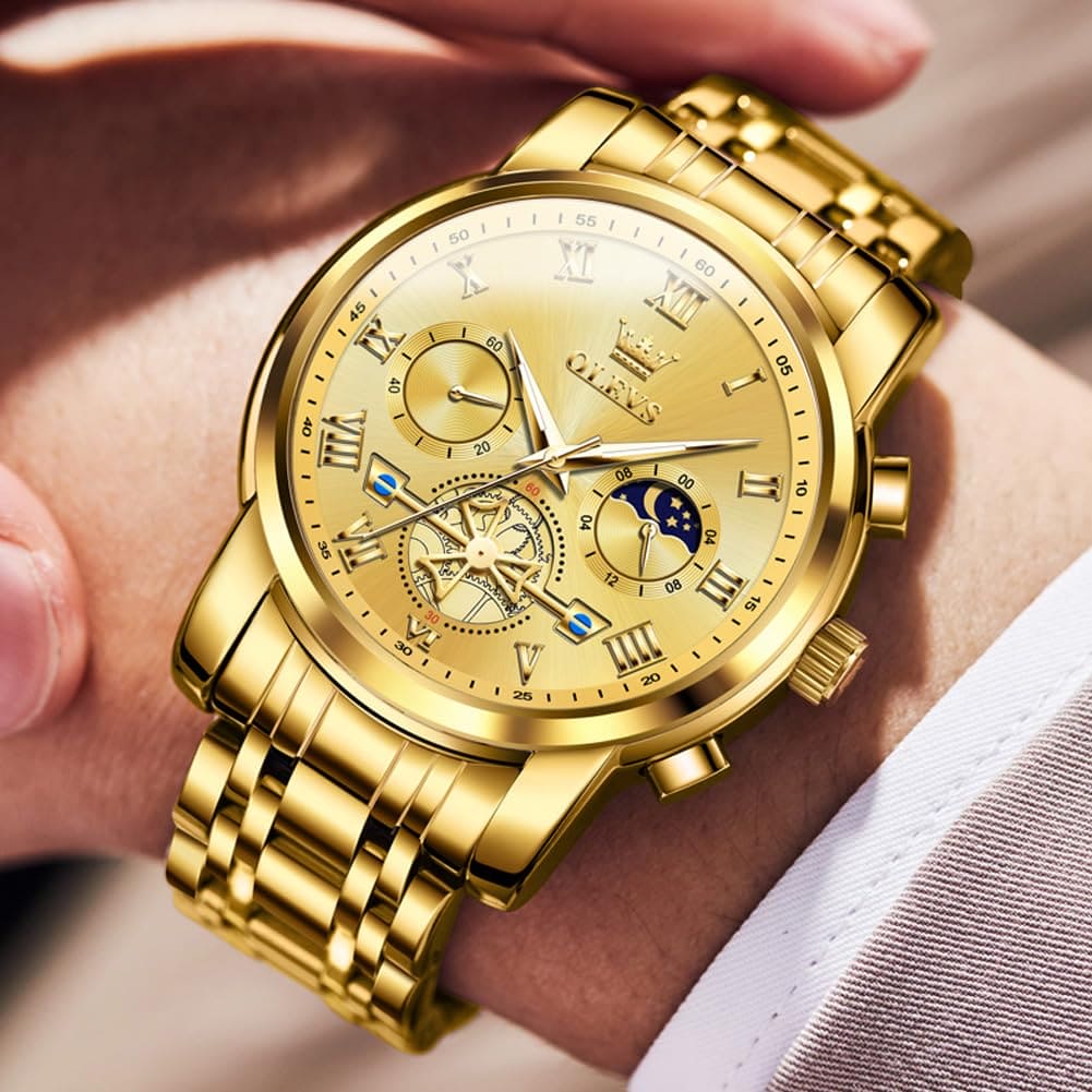 OLEVS Gold Watch for Men,Business Casual Men Watches, Large Stainless Steel Chronograph Gold Watch,Water Resistant Luminous Quartz Wrist Watch,Business Casual Gifts Watch for Male