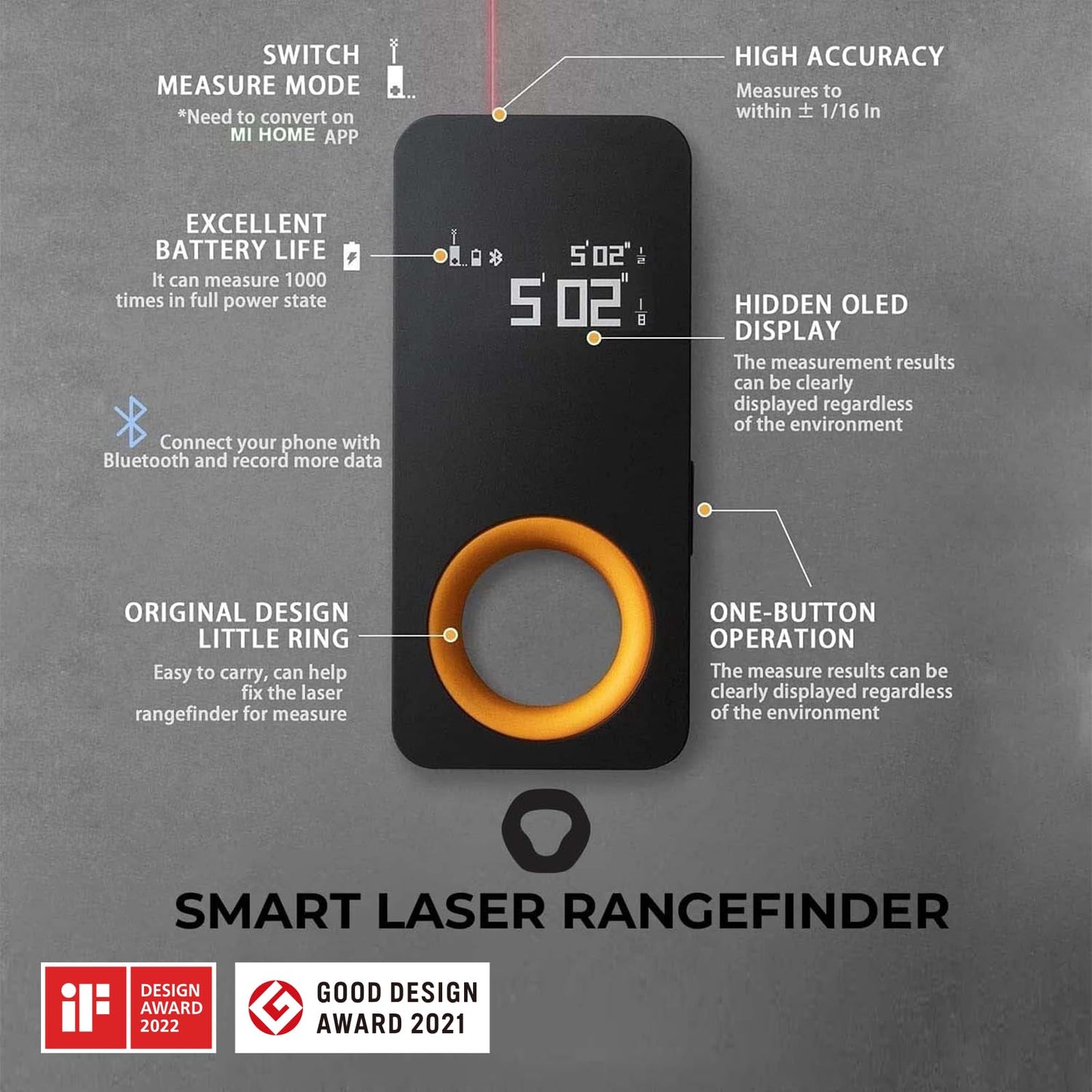 HOTO 98Ft/30m Laser Distance Meter, Digital Laser Measure with Bluetooth, ±2 mm Accuracy, M/Ft Unit Switching, 2 Measurement Modes, OLED Display, USB-C Charging