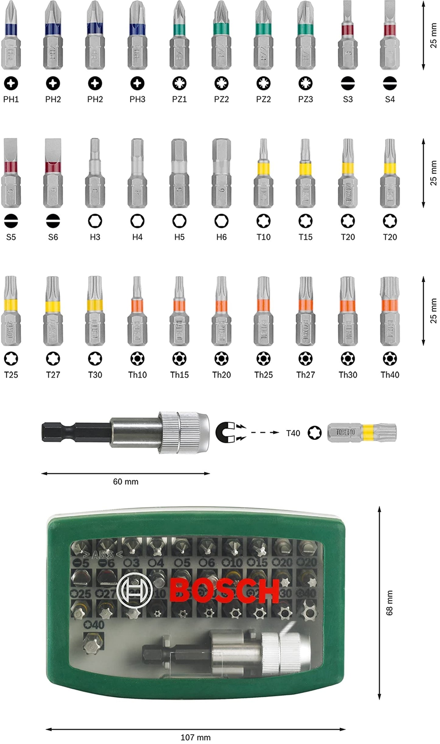 Bosch 32pc. Screwdriver Bit Set (PH-, PZ-, Hex-, T-, TH-, S-Bit, Accessories Drill and Screwdriver)