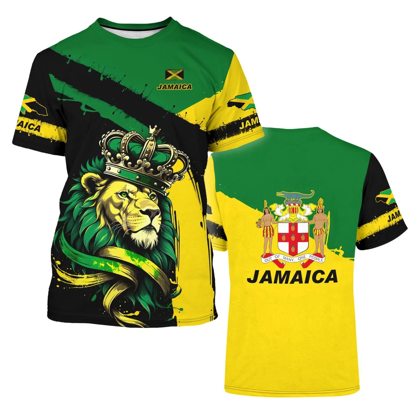 BJU Jamaica Flag T-Shirt Lion King Tee Printed Crewneck Short Sleeve Casual Sports Top Unisex