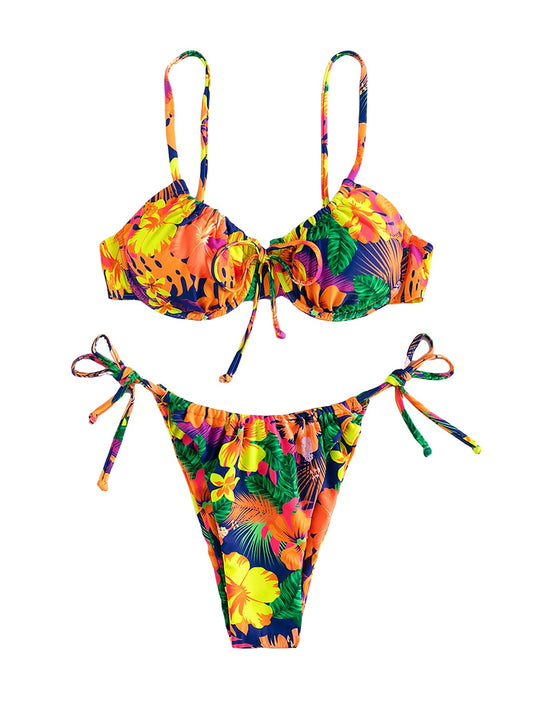 OYOANGLE Women's 2 Piece Tropical Print Underwire Swimsuit Tie Side Thong Bikini Set Multicolor S