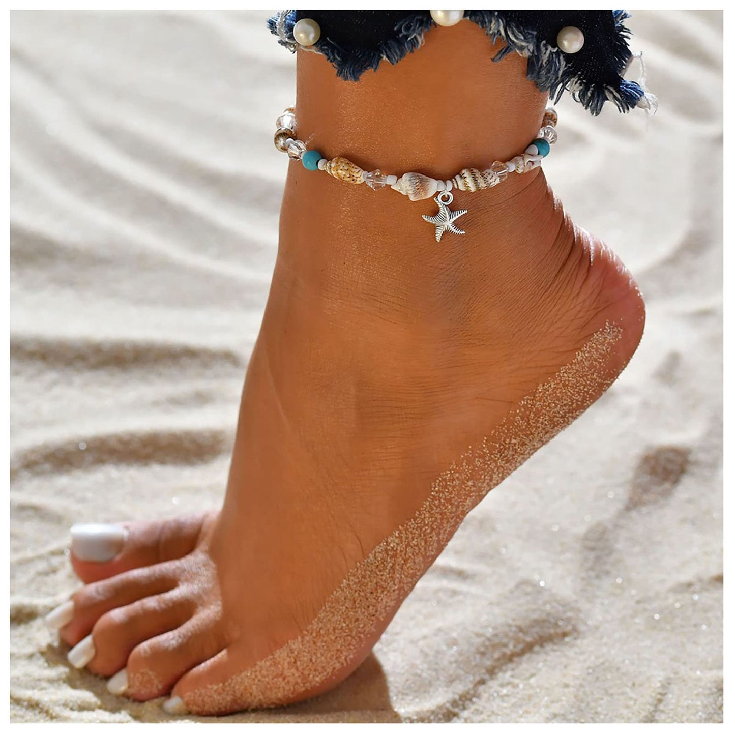 Starfish Sea Turtle Anklet Turquoise Shell Anklet Bracelet Adjustable Conch Beach Foot Chain Jewelry for Women Girls Teens (Starfish)