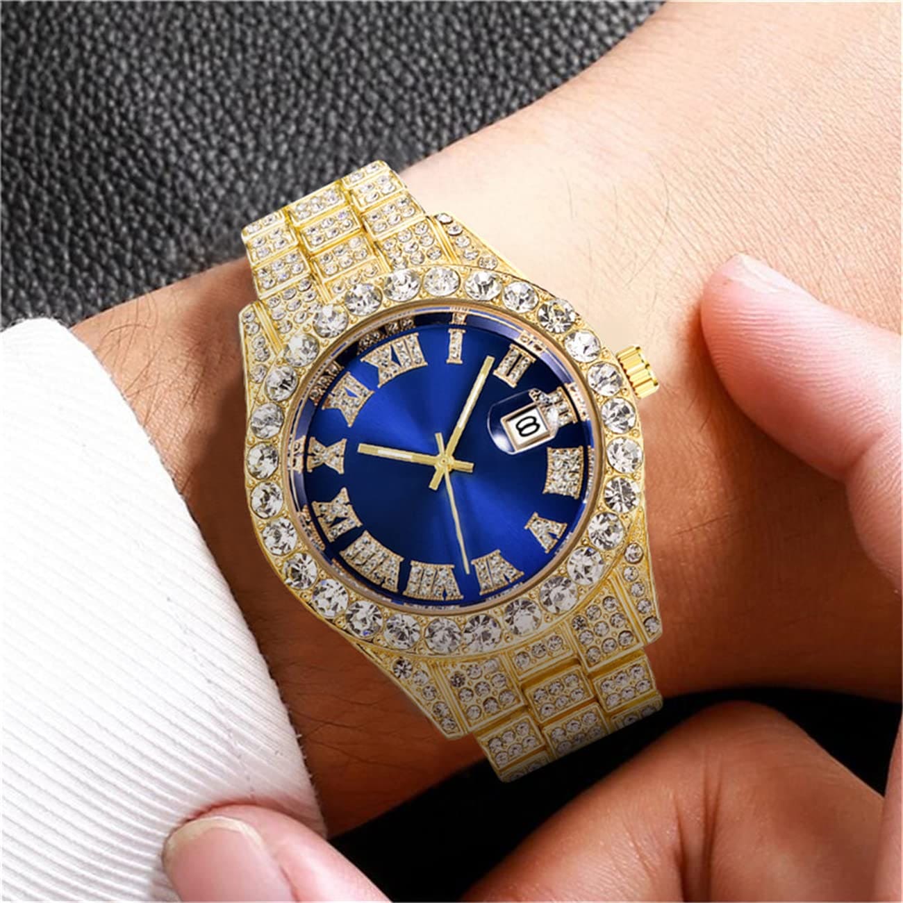 CdyBox Men Hip Hop Watch with Roman Scale Calendar Crystal Rhinestone Watches Stainless Steel Iced-Out Wrist Watch (Gold Blue)