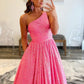 PAVERJER One Shoulder Sequin Prom Dresses Long Sparkly Ball Gown for Women Glitter Formal Wedding Guest Dresses Hot Pink Size 4