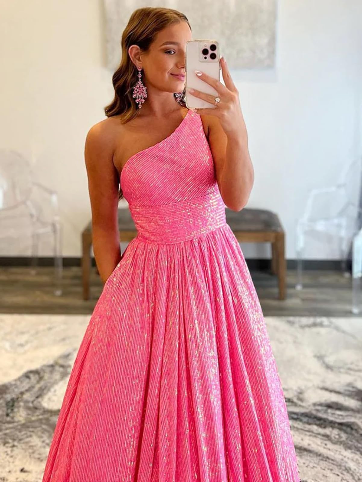 PAVERJER One Shoulder Sequin Prom Dresses Long Sparkly Ball Gown for Women Glitter Formal Wedding Guest Dresses Hot Pink Size 4