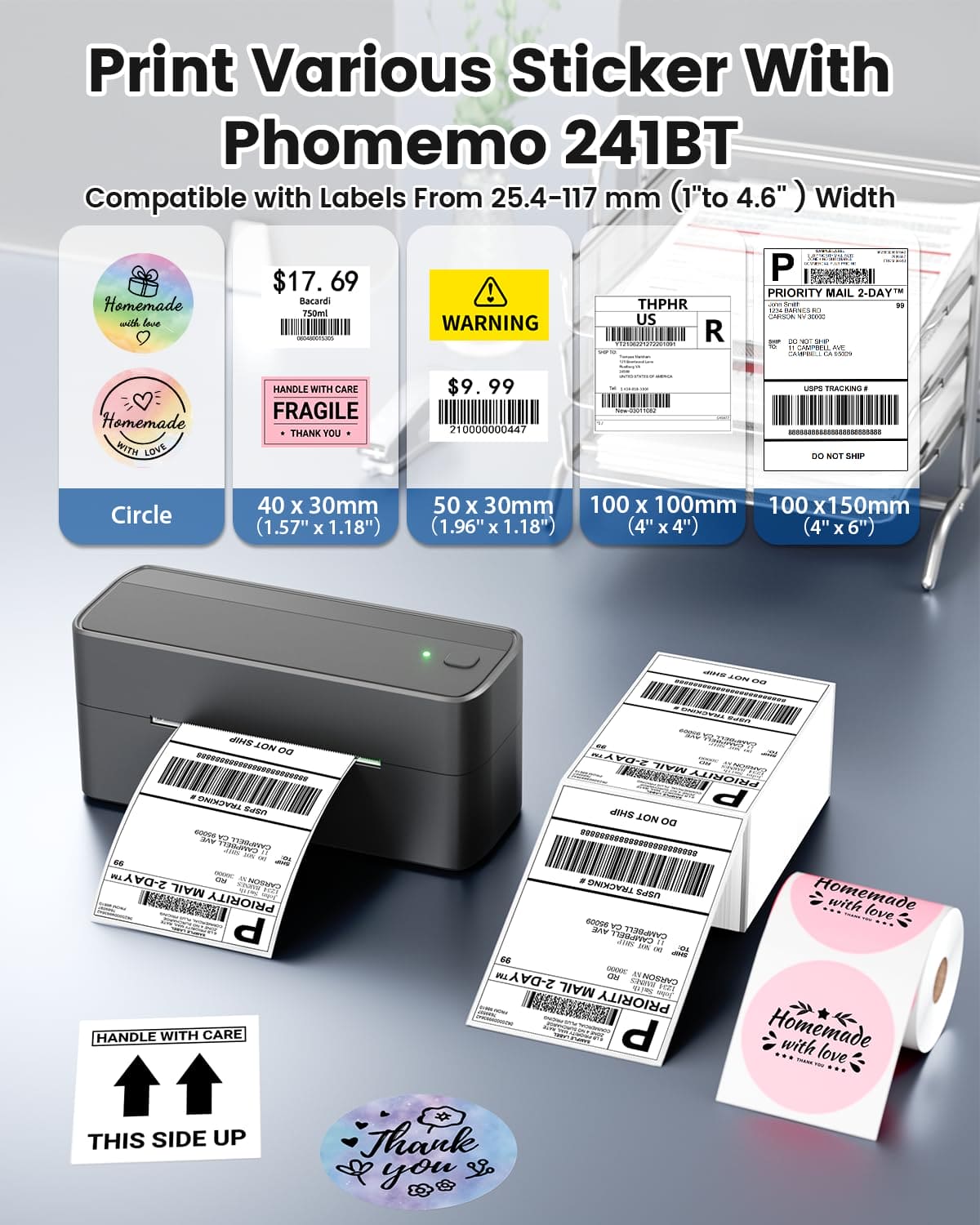 Phomemo 241BT Thermal Printer, Bluetooth Label Printer 4x6, Shipping Label Printer Compatible with Android, IOS And PC, Widely Used for Royal Mail, Hermes, Shopify, Ebay, Amazon, FedEx, UPS. Gray