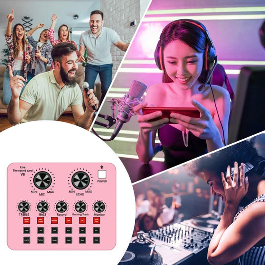 Bluetooth Mix Audio Live Sound Card with Effects Voice Changer for Live Streaming Color Pink