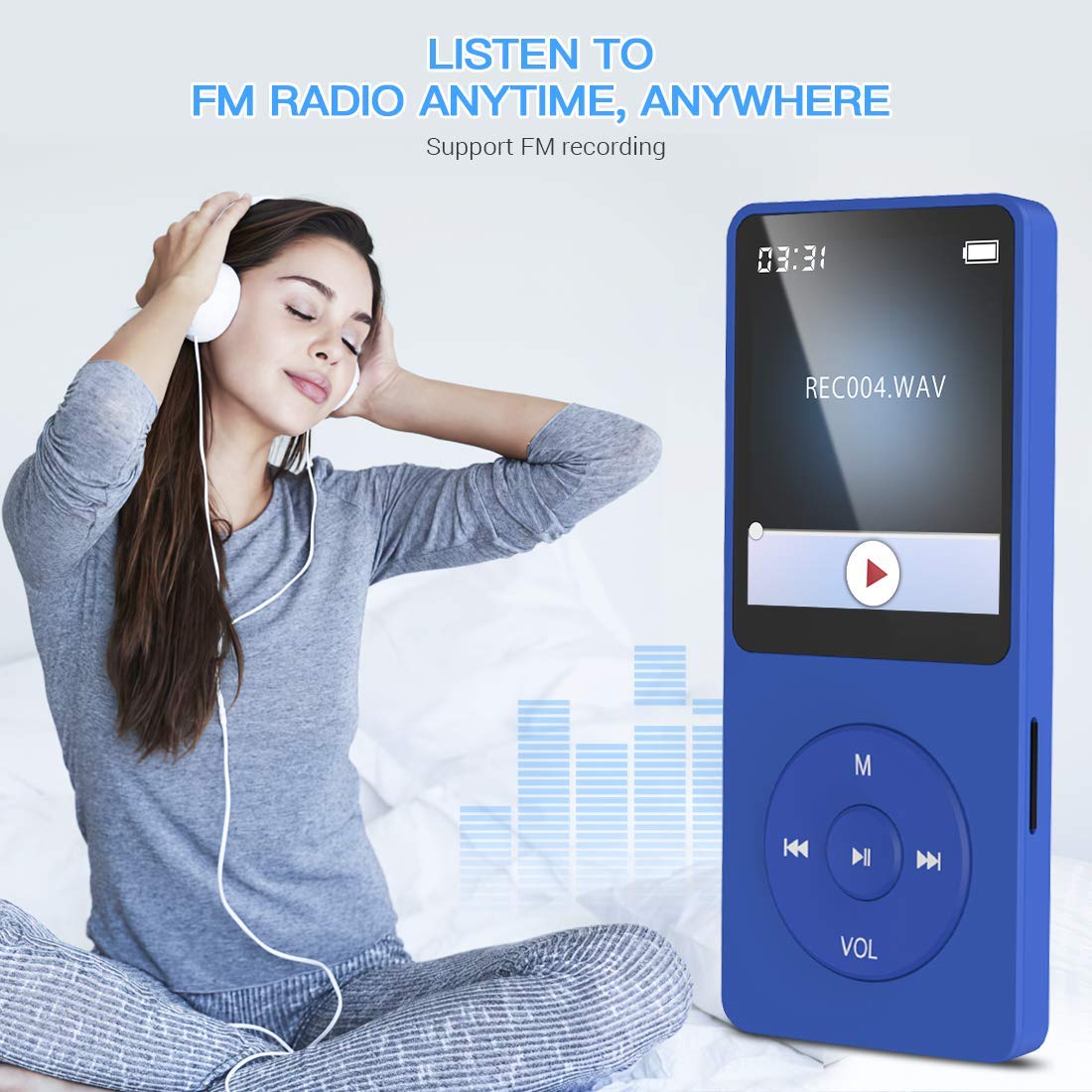 AGPTEK A02 8GB MP3 Player, 70 Hours Playback Lossless Sound Music Player, Supports up to 128GB, Dark Blue