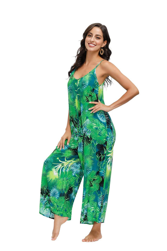 BUENOS NINOS Women's V Neck Floral Maxi Dress Boho Printed Adjustable Spaghetti Strap Ethnic Beach Long Dress with Pockets 3XL Jungle Green Jumpsuit