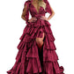 PAVERJER Burgundy Layered Prom Dress Long 2024 V Neck Tiered Tulle Formal Evening Gowns with Slit Size 4