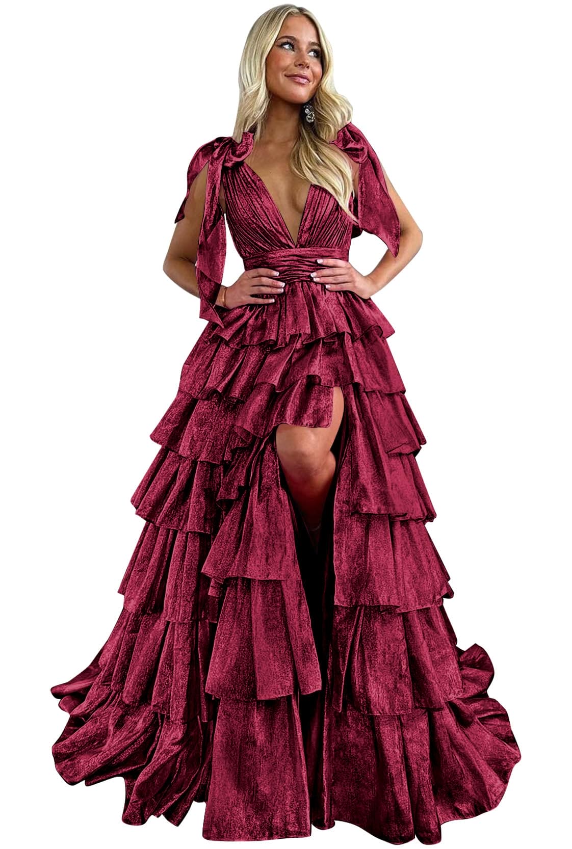 PAVERJER Burgundy Layered Prom Dress Long 2024 V Neck Tiered Tulle Formal Evening Gowns with Slit Size 4