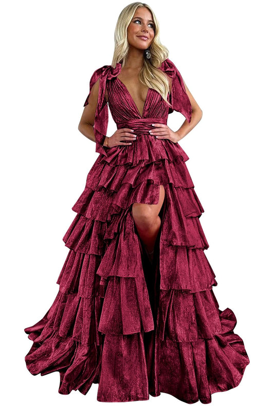 PAVERJER Burgundy Layered Prom Dress Long 2024 V Neck Tiered Tulle Formal Evening Gowns with Slit Size 4