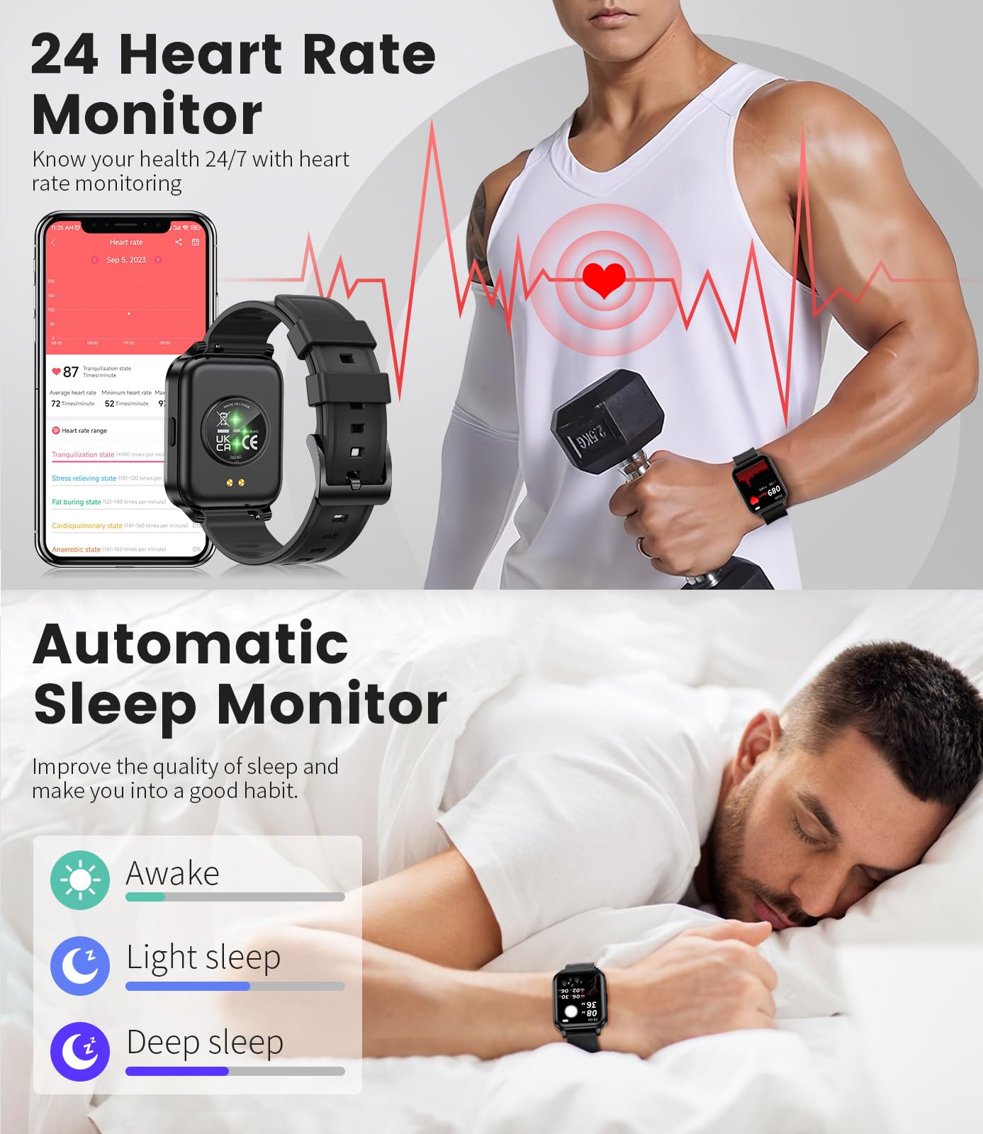 SIEMORL Smart Watch for Men Women,1.69" Touch Screen Fitness Watch with Heart Rate Sleep Monitor,IP68 Waterproof 100+ Sports,Step Counter Fitness Smartwatches Compatible with Android IOS