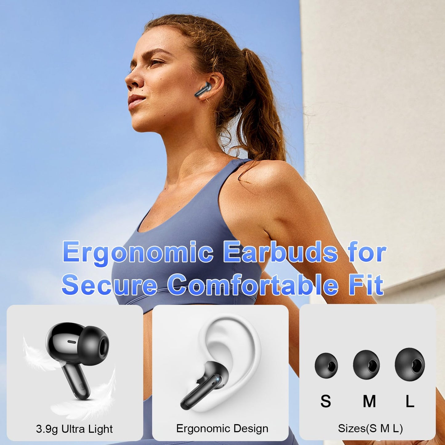 Wireless Earbuds, Bluetooth 5.3 Headphones In Ear with 4 HD microphone, 56H Playtime, HIFI Stereo In Ear Earphones, IPX7 Waterproof Bluetooth Earbuds, LED Display, USB-C, Sport/Work/Leisure/Black