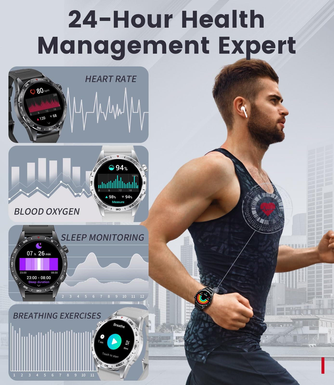 FOXBOX Smart Watch for Men (3 Straps),1.43'' AMOLED Fitness Waterproof Smartwatch,100+ Sport Modes with Bluetooth,Heart Rate, Sleep Calorie Blood Oxygen Monitor for Android iOS 400mAh Black