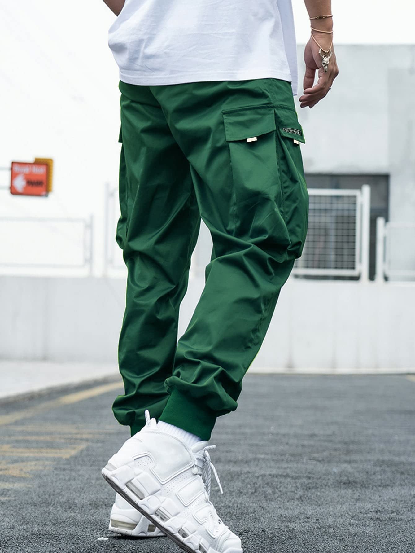 OYOANGLE Men's Casual Drawstring Elastic Waist Flap Pocket Letter Graphic Street Jogger Cargo Pants Dark Green L