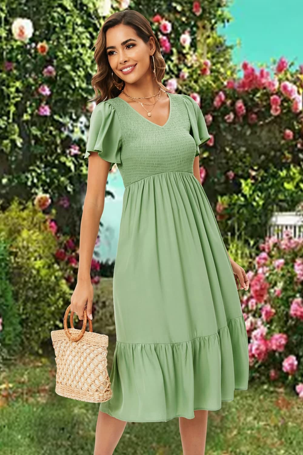 II ININ Summer Dresses for Women UK Short Sleeve Midi Dress V Neck A Line Smocked Long Casual Dress(Light Green,S)