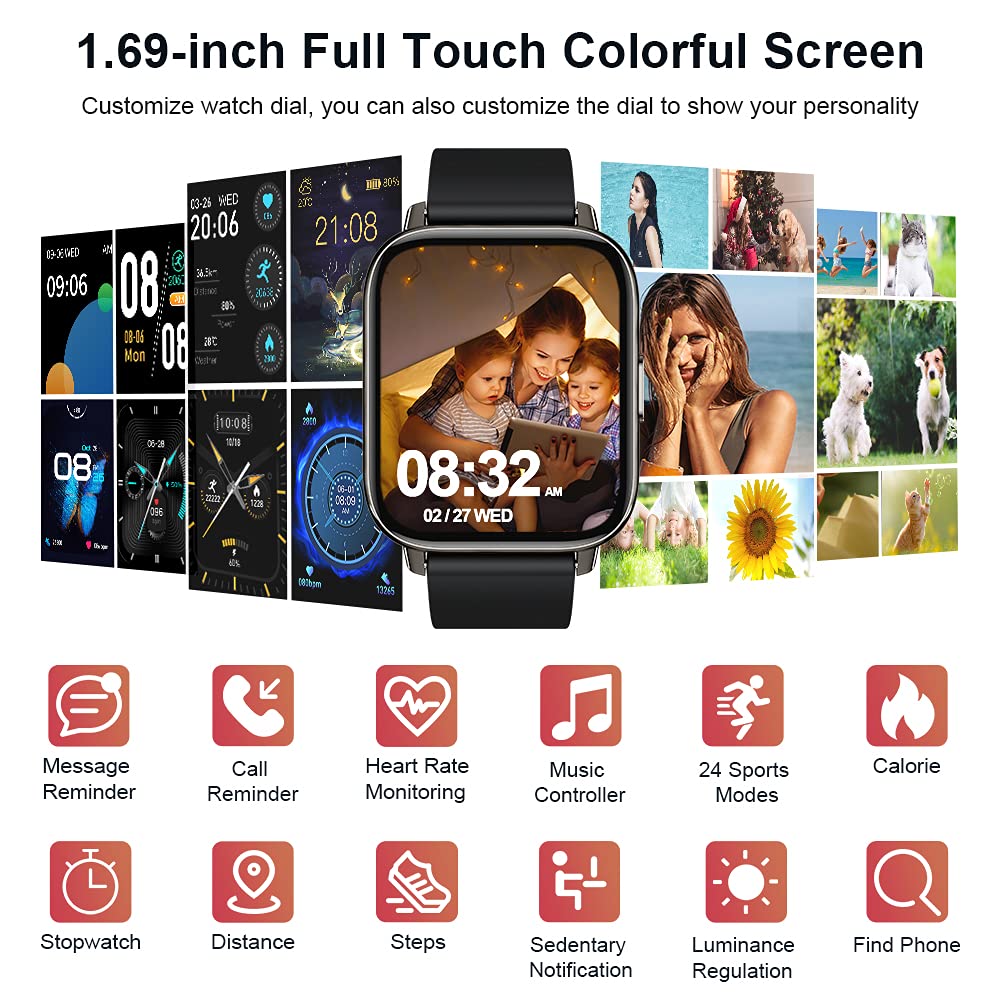 Smart Watch 2021, Pedometer Activity/Fitness Tracker 1.69" Touch Screen Heart Rate Sleep Monitor, IP68 Waterproof Smartwatch, 24 Modes, for Men Women for Android iOS