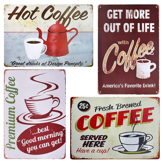 4 PCS Coffee Tin Sign Vintage Metal Tin Painting Signs Plaque Poster, TIE-DailyNec Retro Home Wall Decor for Kitchen Cafe Bedroom Bar, 20 X 30cm