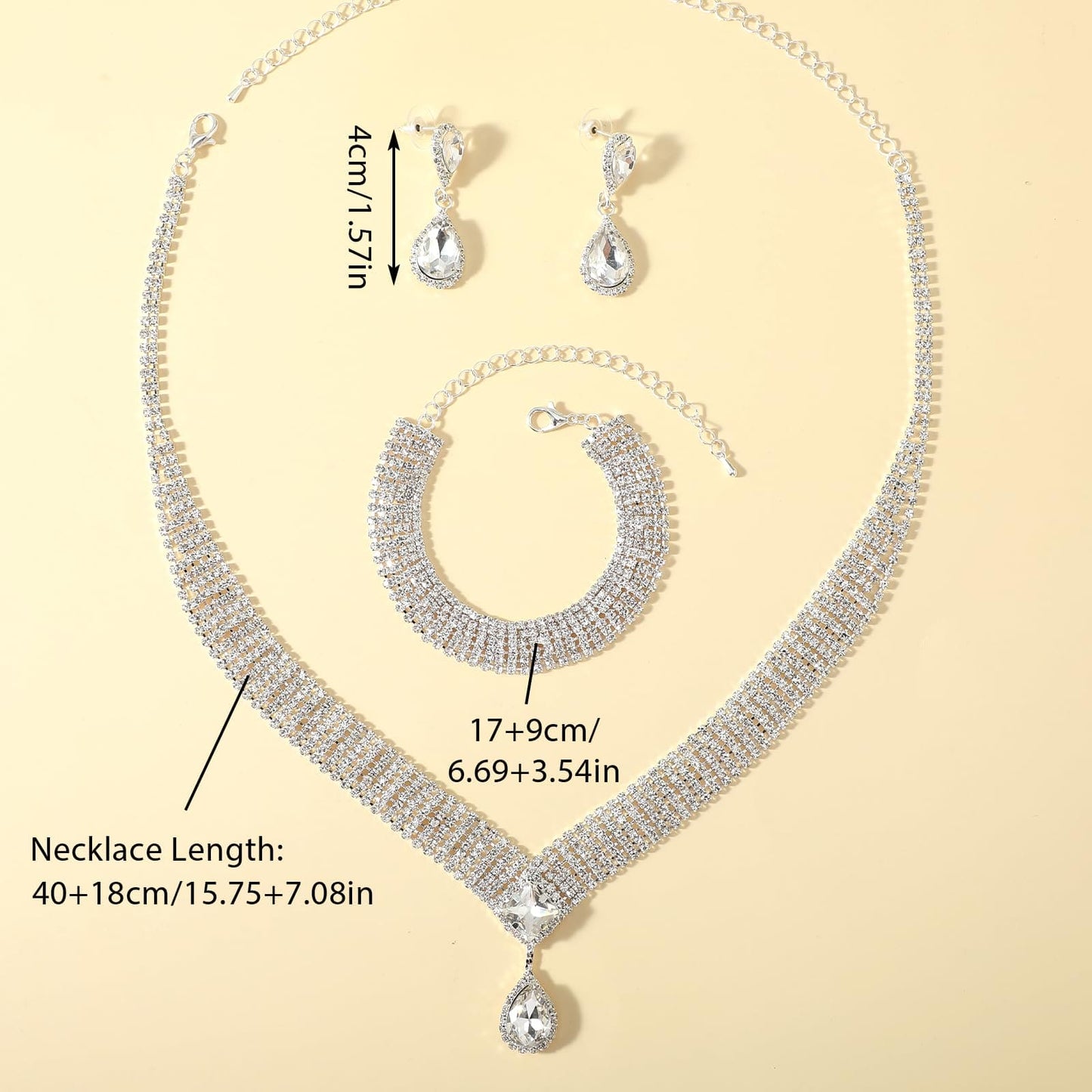 3 Pcs Silver Sparkly Jewelry Set Rhinestone Necklace and Bracelet Set Crystal Necklace Bracelet Teardrop Earrings Sets for Bridal Bridesmaid Formal Wedding Dainty Sparkly Necklaces for Women