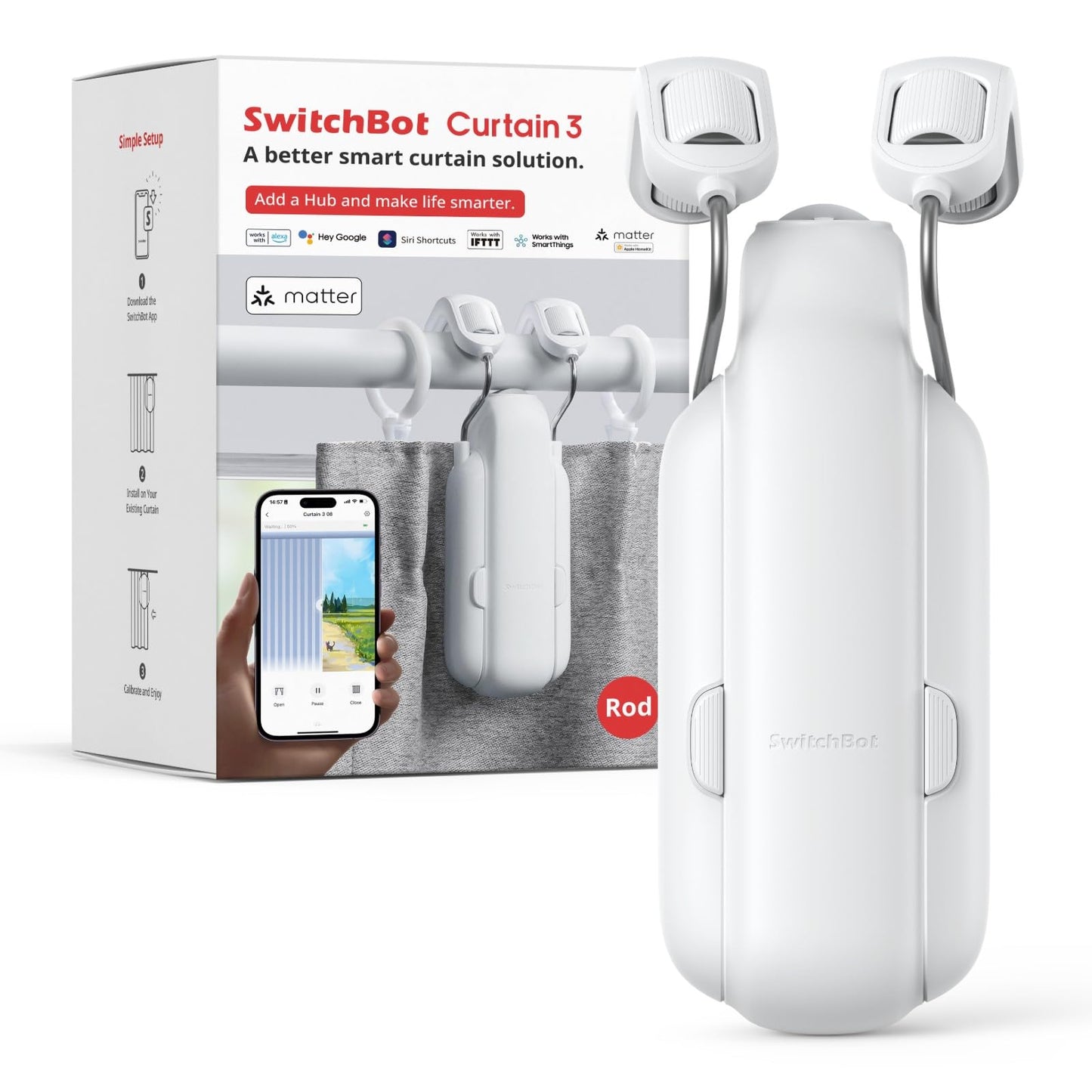 SwitchBot Smart Automatic Curtain Opener - Bluetooth Remote Control with App/Timer, Upgraded High-Performance Motor, Add Hub to Make it Work with Alexa, Google Home, HomeKit(Curtain 3,Rod)