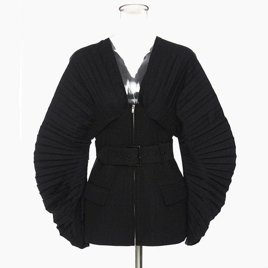 Women Black Pleated Belt Temperament Blazer New V-collarLong Sleeve Loose Fit Jacket Fashion Spring Autumn