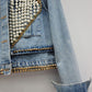 Women's Denim Coat Heart Beading Pearls Gold Rivets Loose Light Blue Long Sleeve Jackets