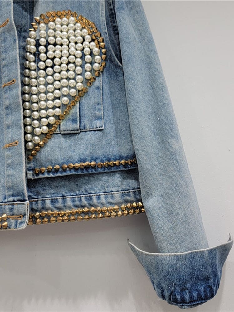 Women's Denim Coat Heart Beading Pearls Gold Rivets Loose Light Blue Long Sleeve Jackets