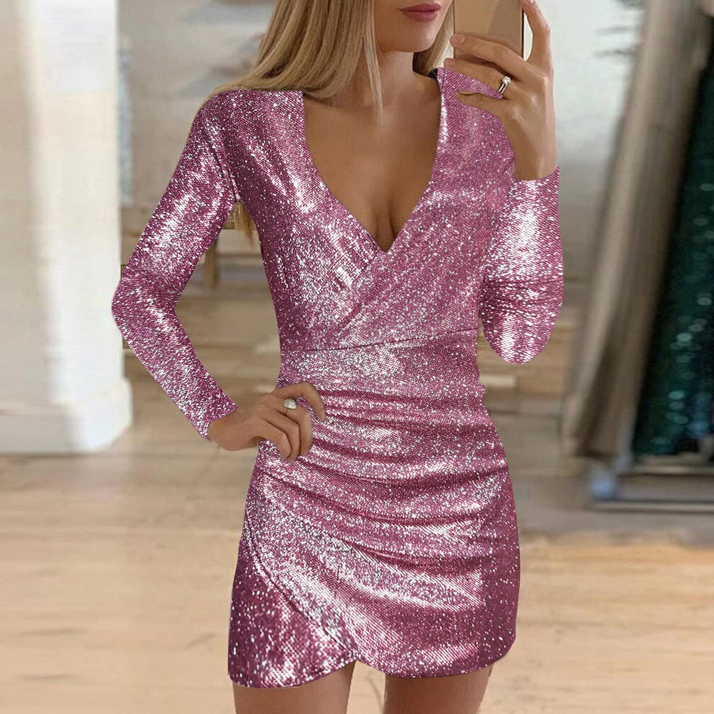 Evening Dresses Women's Sexy Glitter Mini Dresses Short V-Neck Party Dresses Slim Fit Sequin Dresses Prom Dresses Elegant Long Sleeve Pleated Wrap Dresses Plain Irregular Hem Mini Dress, hot pink, S